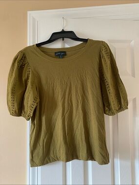Faith & Zoe Olive Puff Sleeve Eyelet Tee